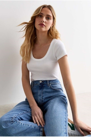 Rooted Kadın Kare Yaka T-shirt & Bluz , Likralı Fitilli Kaşkorse Kumaş Beyaz