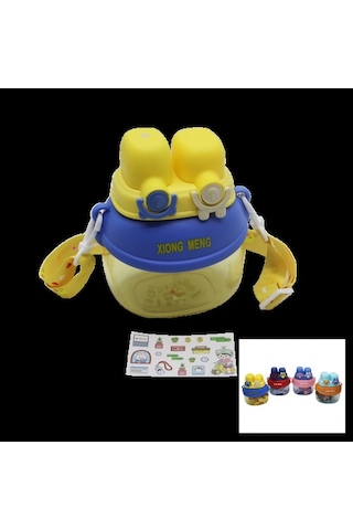 Yüz Modeli - 2 Kilitli Kapak Renkli Mika Kristal Suluk Matara Pipetli - Naylon Çantalı - Askılı 12 Çok Renkli