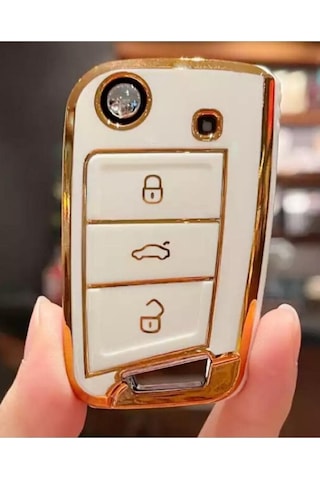 Seat Leon Fr Ibiza Arona Tarraco Lüks Nano Anahtar Koruma Kılıfı Beyaz Gold Altın Renk