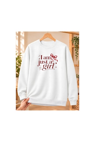Mor Mürekkep Kadın %100 Pamuk 3 İplik Şardonlu I Am Just A Girl Baskılı Bisiklet Yaka Sweatshirt Beyaz
