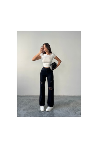 Blue Marlin Kadın Lazer Yırtık İşlemli Boyfriend Kot Bol Paça Pantolon Siyah