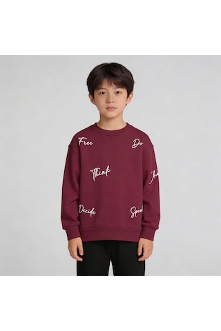 King-Brich Bisiklet Yaka Nakışlı Oversize Kalıp Çocuk Sweatshirt Bordo