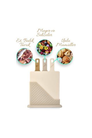 4'lü Tezgah Üstü Standlı Kulplu Kesme Tahtası - Çoklu Doğrama Tahtası Ekmek Sebze Et Kesim Panosu Bej