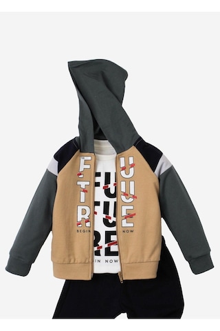 Future Baskılı Kapüşonlu Pamuk Bebek Takım 3 Lü Takım Hırka Sweatshirt Alt Bej