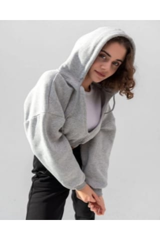 Kadın Kapüşonlu V Yaka Crop Kalın İçi Polarlı Örme Sweatshirt Gri