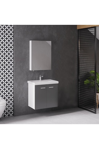 Denko Terra 60 Cm Mdf Antrasit Gri Banyo Dolabı Alt Modül Ve Lava Antrasit - Gri