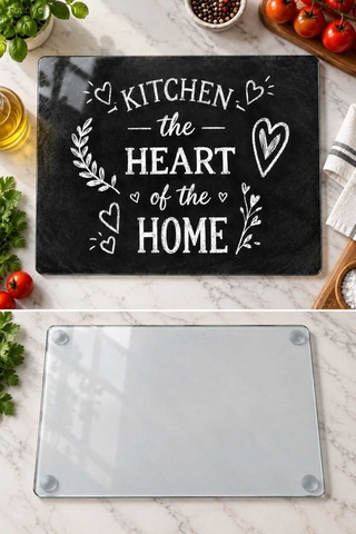 Gökçeoğlu Cam Kesme Tahtası Kitchen The Heart Of The Home Temalı Siyah - Cam Kesme Tablası 30cm X 40cm Çok Renkli