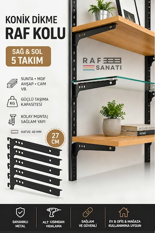 5 Takım Raf Destek Kolu 27 Cm 40 Hatve Ahşap Mdf Sunta Cam Raf Tutucu Raf Kolu Siyah