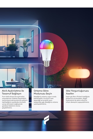 Fonri Akıllı Ampul 4'lü Set, 9w, Titreşimsiz, 16 Milyon Renk, Sesli Kontrol, Wifi Kontrol, Garantili