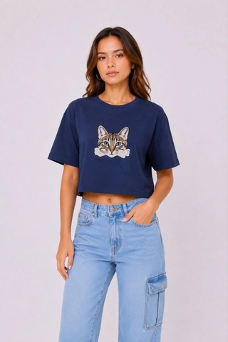 Kadın Kedi Baskılı Oversize Crop Tişört Salaş Basic Yarım Kol T-shirt - Lacivert Çok Renkli