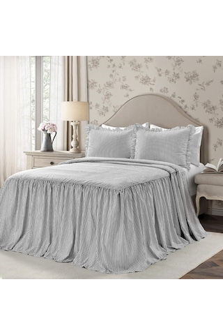 Lexroo Yatak Örtüsü, Çizgili Desen, Eskitilmiş Şık Tarzı, Hafif, 3 Parçalı Set, Siyah