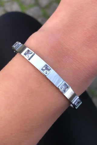 Gümüş Renk Baget Taşlı Çelik Kelepçe Gümüş