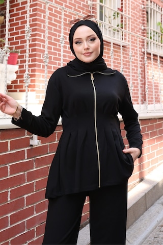 Balenbi Kadın Oversize Kesim Beli Pileli Ful Fermuarlı Modal Takım 1235 Siyah