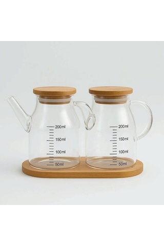 Mini Yağdanlık Ve Sosluk Seti, Bambu Stantlı Ve Vakumlu Bambu Kapaklı, 2'li 200 Ml Salata Seti Ahşap