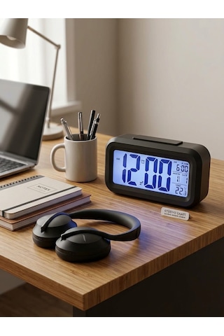Dijital Masa Saati - Işıklı Lcd Ekran, Alarmlı, Erteleme Snooze , Takvim Ve Sıcaklık Göstergeli Akıllı Çalar Saat Çalışma Masası Saati Siyah