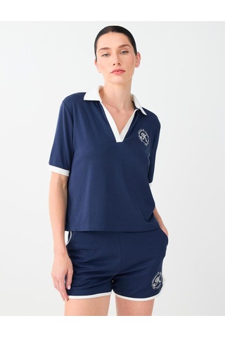 Jimmy Key Jimmy Key Lacivert Polo Yaka Brode Detaylı Kısa Kol Bluz 6sw037190494