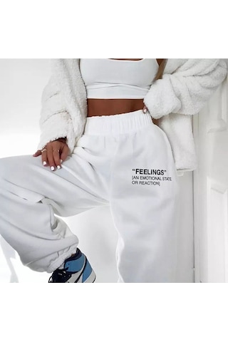 Eşofman Altı - Beyaz Baskılı Lastik Paça Yüksek Bel Lastik Bel Beyaz