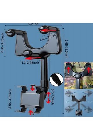 360 Dönebilir Ve Geri Çekilebilir Araba Telefon Tutucu, Araba Ayna Tutucu, Tüm Akıllı Telefonlar Ve Arabalar İçin Evrensel Telefon Gps Tutucu. Siyah