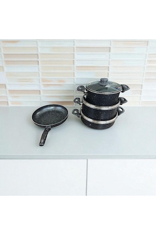 Enashop 7 Parça Granit Tencere Seti 20-24-26-26 Cm Yanmaz Yapışmaz Tava + Derin/sığ Tencere Çeyizlik Siyah