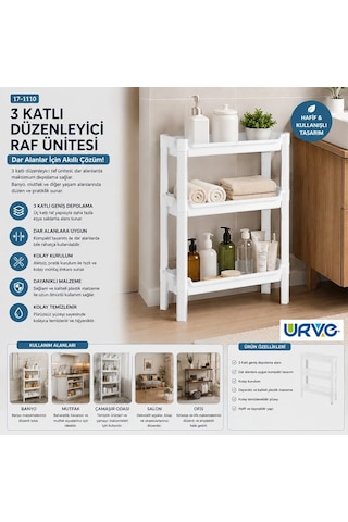 Orehome Rafty 3 Katlı Dar Alan Düzenleyici Raf Ünitesi - Banyo Ve Mutfak İçin İnce Sepet Organizer 46,5x14,5x50 Cm Beyaz