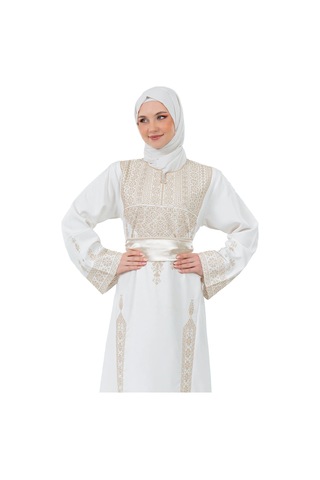 Zaytoon Filistin Nakışlı Modern Beyaz Kaftan Elbise - Geleneksel Şıklık Altın