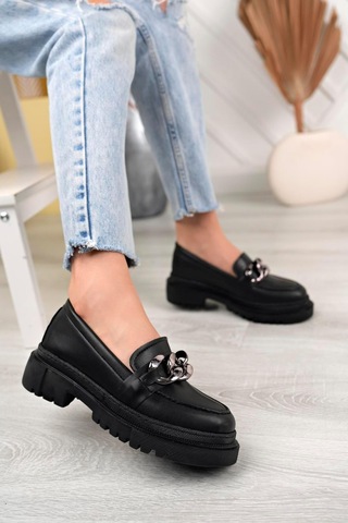 Aymood Kadın Siyah Zincirli Kalın Taban Loafer Makosen Ayakkabı Siyah