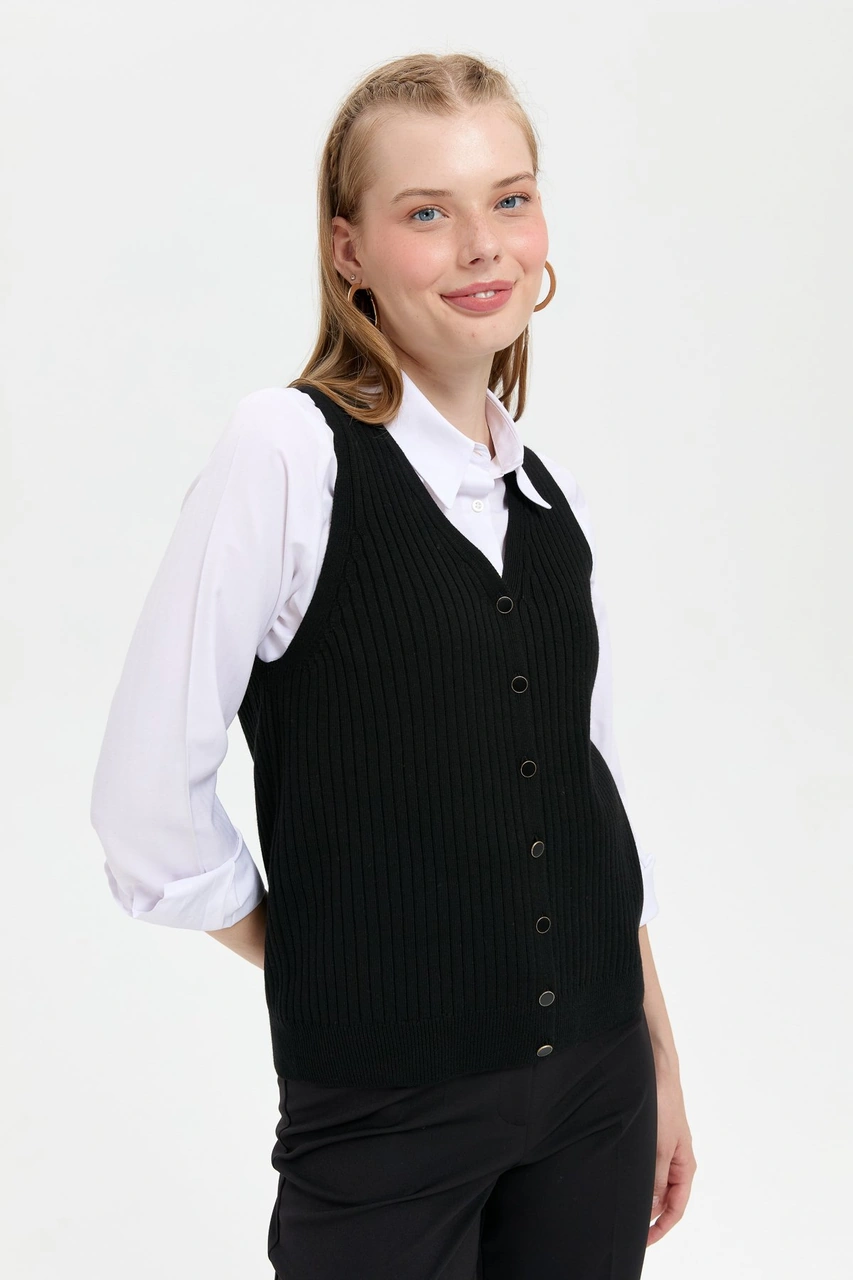 Desen Triko Kadın V Yaka Dikişsiz Yelek Siyah Siyah