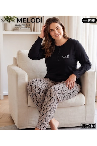 Melodi 17158 Uzun Kol %100 Pamuk Battal Büyük Beden Kadın Pijama Takımı Siyah