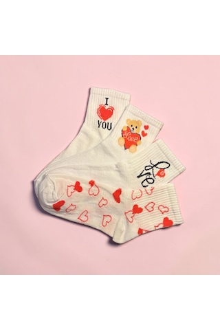Heren Socks Kalp Love Temalı 4'lü Kolej Boy Kadın Soket Beyaz