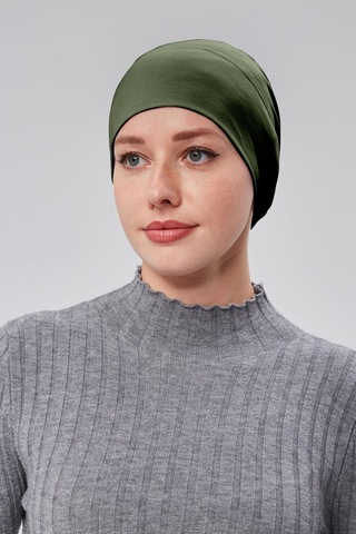 Kadın Tesettür Hazır Pratik Geçmeli Bone Lastikli Kaymaz Haki Haki