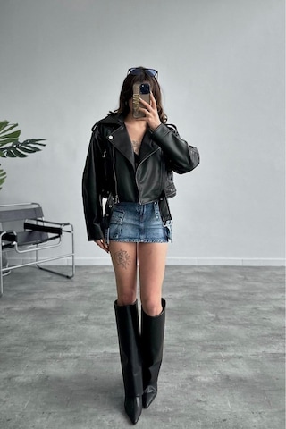 Yeni Sezon Oversize Kadın Siyah Biker Deri Ceket Siyah