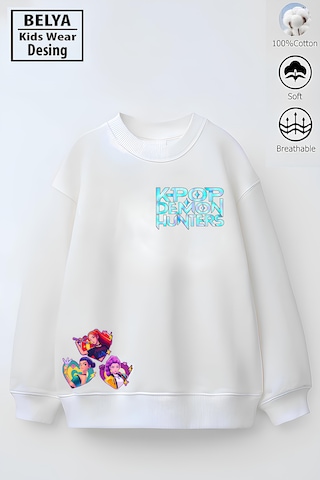 Tam Kalıp Oversize Kız Çocuk Pamuğa Pamuk 3 İplik Kumaş Pop 2 Tasarım Sweatshirt Beyaz