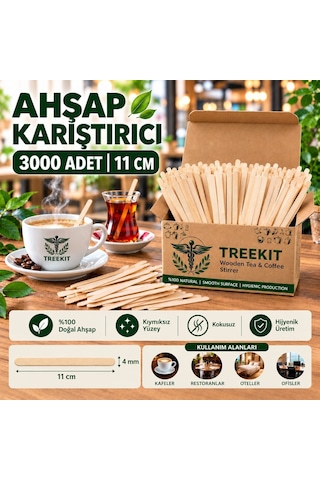 Treekit Ahşap Çay Karıştırıcı 3000 Adet 11 cm Doğal Tek Kullanımlık Kahve Karıştırıcı