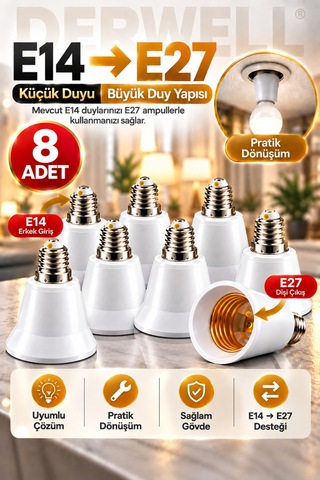 8 Adet E14'ten E27'ye Ampul Duy Dönüştürücü Adaptör - Küçük Duyuyu Büyük Duya Çevirici Aparat, Ev Ve Ofis İçi Pratik Aydınlatma Çözümü, Sağlam Ve Dayanıklı Gövde Yapısı