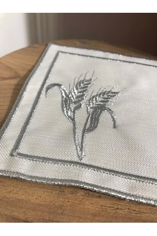 Nivemeshome Başak Nakışlı Gümüş Kare 6 Adet Keten Kokteyl Peçetesi Kahve Yanı Sunumluk Gümüş