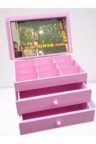 Takı Şifonyer 90390 Makyaj Kutu 2çekmece Aynalı Parlak Pembe Ahşap Mdf El Yapım
