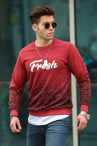 Madmext Bordo Baskılı Bisiklet Yaka Sweatshirt 2791
