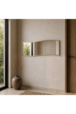 Modern Dalgalı Boy Aynası 40x120 Cm Organik Formlu Minimalist Dekoratif Duvar Aynası 2026 Trend Altın