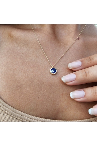 Ala Lacivert Lazer Mineli Nazar Boncuğu Göz Tasarım Taşsız Modern Hediye Tarz 14 Ayar Altın Kolye