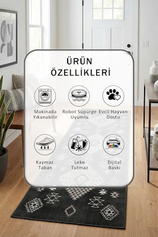 Salon Mutfak Yatak Odası Dijital Baskı Yolluk Yıkanabilir Yollu 4 Siyah