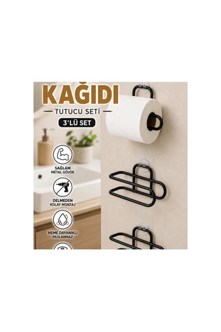 Siyah Yapışkanlı Rulo Kağıt Tutucu 3 Lü Duvar Tipi Set Renkli