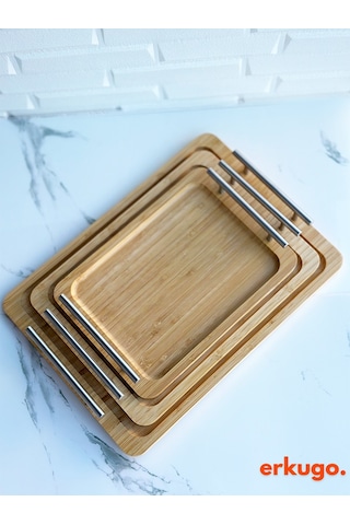 Küçük Boy Bambu Tepsi, Metal Kulplu Tepsi, Kulplu Tepsi, Servis Tepsisi 28 X 20 Cm Kahverengi