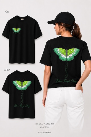 Bayloranzzo Love Of Butterfly %100 Pamuk Heavy Cotton Premium Kalite Kadın Tişört Siyah