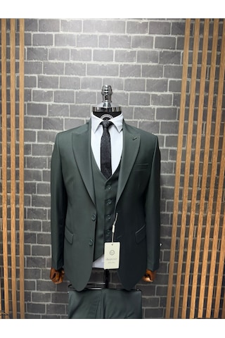Dupont Classics Erkek Slim Fit 6 Drop Sivri Yaka Yelekli Poliviskon Çift Yırtmaç Takım Elbise Koyu Yeşil