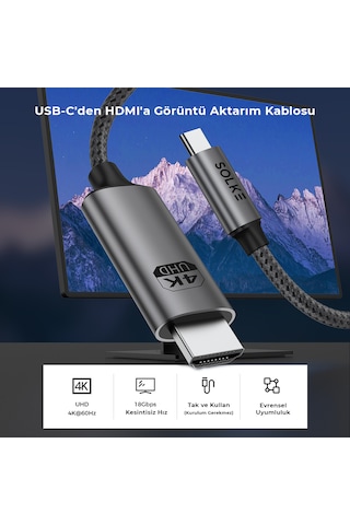 Solke Type-c To Hdmı Kablo 2 Metre 4k 60hz 18gbps Örgülü Alüminyum Görüntü Aktarma Kablosu