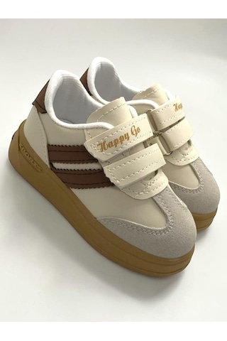 Unisex Çocuk Cırtlı Hafif Kaymaz Taban Işıklı Spor Ayakkabı Sneaker Bej