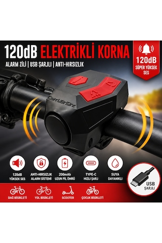 Triline 120 Db Usb Şarjlı Bisiklet Kornası Alarm Zili Anti Hırsızlık Elektrikli Korna Scooter Siyah