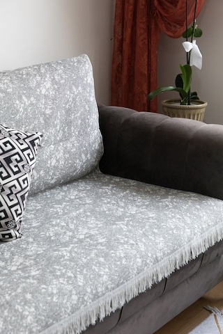 Mozaik Pamuklu Saçaklı Koltuk - Çekyat Örtüsü 170x220 - Gri Gri