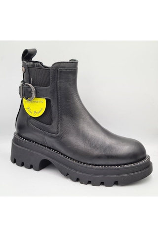 Mammamia D25kb-4185 Siyah Hakiki Deri Kalın Topuklu 5cm Fermuarlı Kadın Bot Siyah