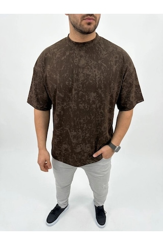 Barlashive Erkek Premium Tişört Osy Yumuşak Dokulu Yıkamalı Oversize T-shirt - Kahverengi Çok Renkli